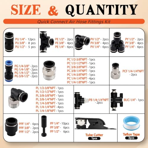130 PCS Air Hose Fitting Kit 1/4 3/8 1/2in OD Black NPT PBT Push to Connect - color: Black