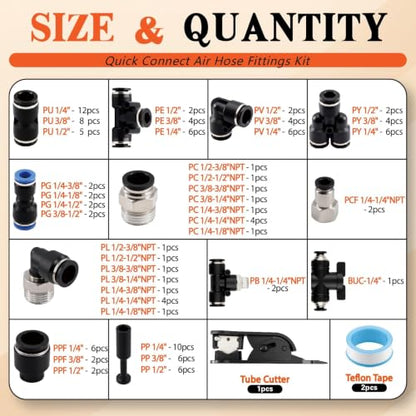 130 PCS Air Hose Fitting Kit 1/4 3/8 1/2in OD Black NPT PBT Push to Connect - color: Black