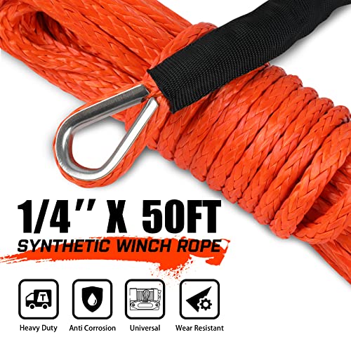 1/4’’ x 50ft Synthetic Winch Rope 10,000lbs Winch Line Cable with Black Protecting Sleeve for ATV UTV Boat Ramsey Synthetic Winch Rope(Orange) - color: Orange, size: 1/4 Inch x 50 Feet,without hook