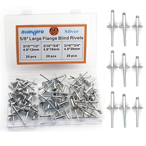 60 Pcs Large Flange Blind Rivets, Aluminum,Flange Diameter 5/8" (16 mm),Pop Rivets Assortment Kit Blind Rivet(3/16" x 1/2"/5/8"/3/4")