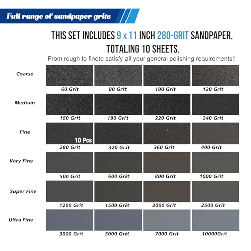 10-Sheets 280 Grit Sandpaper, 9 x 11 Inch Wet Dry Sand Paper Assortment Pack, Silicon Carbide Abrasive Sanding Sheets for Automotive Car Paint Metal Wood Furniture Crafts Polishing - size: 9x11 inch, style: 280Grit 10 Pcs