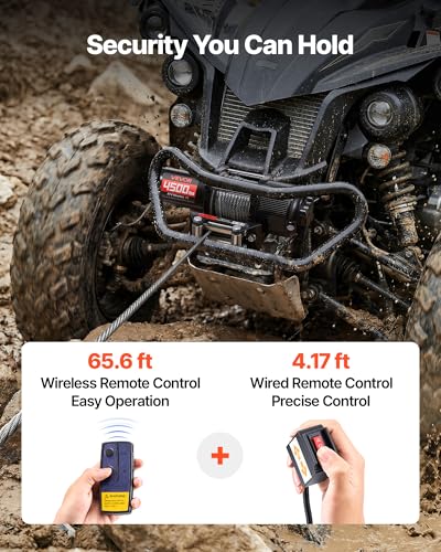 VEVOR 4500 lbs Electric Winch, 12V DC ATV/UTV Winch with Φ0.24 in x 39.4 ft Steel Wire Rope, Wireless & Wired Remote Control, IP54 Waterproof, Roller Fairlead Mount Plate for Towing ATV UTV Off-Road - size: 4500lbs