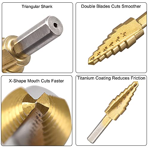 uxcell Step Drill Bit HSS4241 3/16" to 1/2" 6 Sizes Straight Flutes Triangular Shank for Metal Wood Plastic