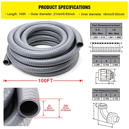 DWALE Liquid-Tight Conduit and Connector Kit, Electrical Conduit, 1/2inch 100ft Electrical Conduit Kit, with 8 Straight and 8 Angle Fittings Included - size: 100FT-1/2"