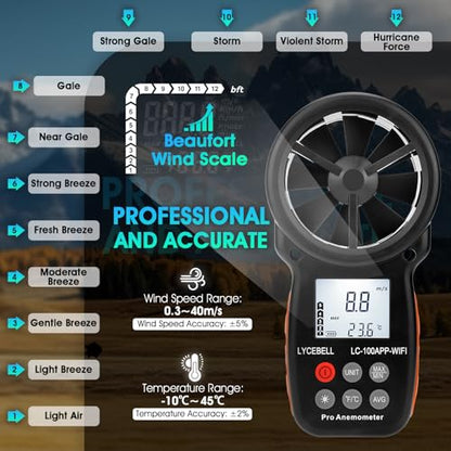 WiFi Anemometer Handheld, Digital HVAC Outdoor Wind Meter with Samrt APP