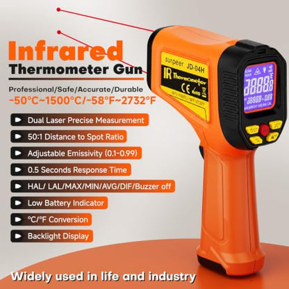 Infrared Thermometer Temperature Gun 2732°F 50:1 Dual - color: -58°F to 2732°F ，Dual-Laser