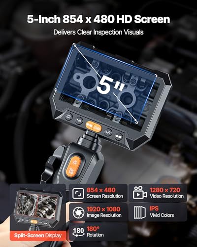 VEVOR Dual-Lens Articulating Borescope, Two-Way Articulated Endoscope Camera with Light, 5" HD IPS Spilt-Screen, 8X Zoom, 8 + 1 LEDs, IP67 Waterproof Snake Camera for Automotive Engine Wall Inspect - size: 0.32-inch Probe
