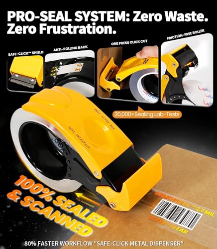 Heavy Duty Packing Tape with Metal Dispenser, 2.7 Mil Ultra-Thick Shipping Tape for Moving & Packaging, 1.88" x 60 Yards, 1 Roll Industrial Clear Tape with Pro-Seal Cutter System - size: 1-Roll with Dispenser,1.88'' x 60Yd.