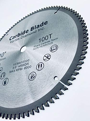 VORTEX DIAMOND 10 Inch 100 Teeth Aluminum Non-Ferrous Metal Circular Saw Blade with 5/8" Arbor (10 Inch 100 Teeth)