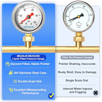 MEANLIN MEASURE 0~100Psi Stainless Steel 1/8" NPT 1.5" FACE DIAL, Glycerin Filled Pressure Gauge, Liquid Filled, Water Oil Air, Lower Mount, with 1/4" NPT and 3/8" NPT Hex Bushing - size: 0-100Psi