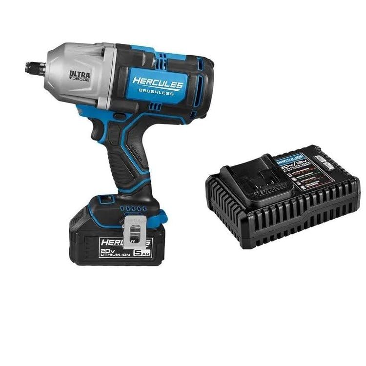 Fits HERCULES 20V Brushless Cordless 1/2 in Ultra Torque Impact Wrench Kit with 5 Ah Battery & Charger, 1500 ft-lbs Bolt Breakaway, 1000 ft-lbs Fastening Torque, Var. Speed Trigger, LED Light