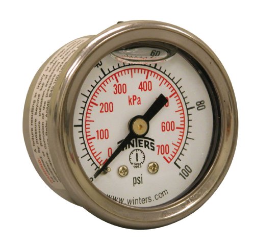 Winters 1-1/2 inch Dial Size, Glycerin Filled Industrial Pressure Gauge, Brass Internals, 304 Stainless Steel Case, Dual Scale 0-100 psi/kPa, 2.5% Acc, 1/8 inch NPT Back Mount, Liquid Filled Gauge - style: 0/100 PSI/kPa