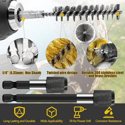14-Piece Bore Brush Set - 304 Stainless Steel & Brass Drill Wire