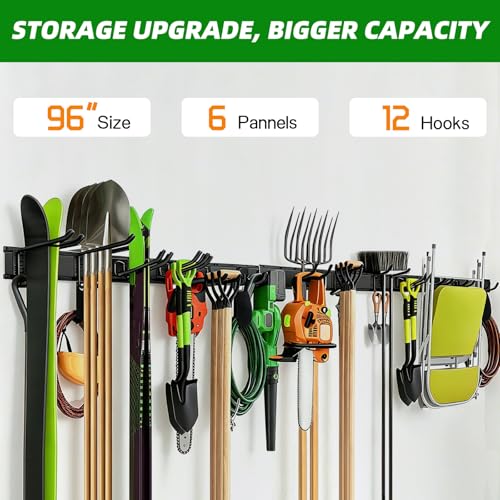 Garage Wall Organizer, 96 in Garden Tool Organizer with 12 Adjustable Hooks - size: 96 inch 12-Hook