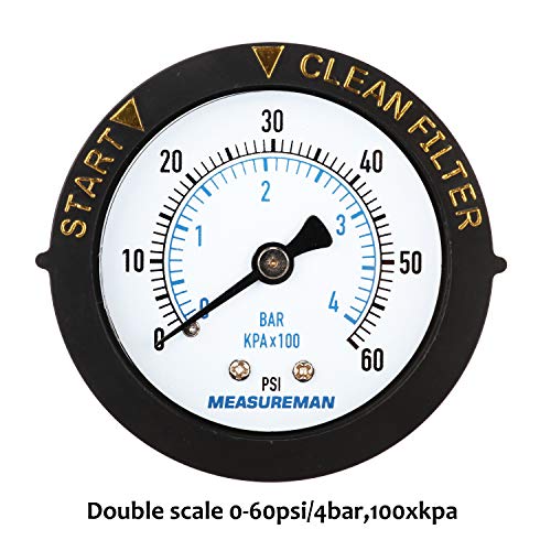 MEASUREMAN 2" Dry & Utility Pressure Gauge - 0-60Psi/bar, Start & Clean Filter, 1/4" NPT Center Back Mount - size: 2 inches