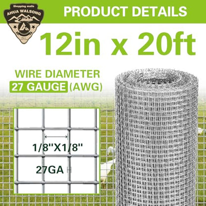 Hardware Cloth 12" x 20', 1/8" 27 Gauge Galvanized Wire Mesh Roll, Welded Metal Screen for Chicken Coops, Poultry Fencing, Animal Cages, Garden Barriers, DIY Craft Projects - size: 1/8" 27ga 12in x 20ft
