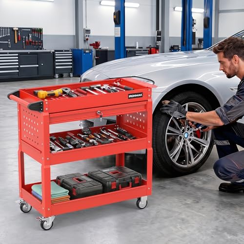 Goplus 3 Tier Rolling Tool Cart with Lockable Drawer, Heavy Duty Metal Utility Cart on Wheels with Pegboards & Hooks, Mechanic Tool Storage Organizer for Garage, Warehouse & Workshop (Red) - color: Red