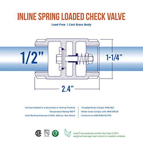 Midline Valve 372U234-5 Inline Spring Loaded Check Valve, Backflow Prevention, Lead-Free, 1/2 in. FIP Connections, Cast Brass (5 Pack) - size: 1/2 in., style: 5 Pack