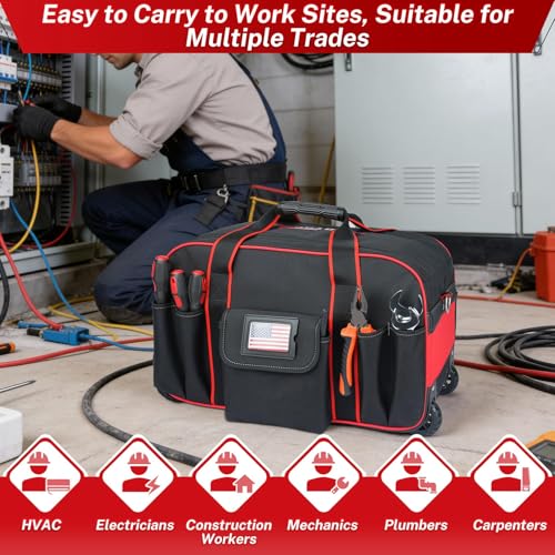 MELOTOUGH Rolling Tool Bag with Wheels, Heavy Duty Large Tool Bag with Concealed Telescoping Handle, Multi-Pocket Organizer for Construction, Electrician, HVAC, Mechanic - 4 Carrying Options (Red) - style: Rolling Tool Bag Only