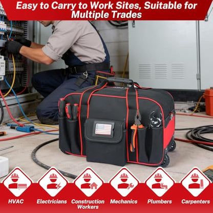 MELOTOUGH Rolling Tool Bag with Wheels, Heavy Duty Large Tool Bag with Concealed Telescoping Handle, Multi-Pocket Organizer for Construction, Electrician, HVAC, Mechanic - 4 Carrying Options (Red) - style: Rolling Tool Bag Only