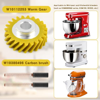 4Pack W10112253 Mixer Worm Gear & W10380496 Carbon Brushes Replacement Kit for Mixers KSM88RBQ2, KSM150, 5K5SSs - Replacement for OEM 4162897/4169830/AP4295669