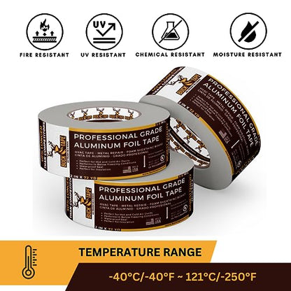 4 Pack Buck Aluminum Foil Tape – 2 Inch x 216ft (72 yd), 3.6 Mil – HVAC Tape for Ductwork, AC, Dryer Vents & Insulation – Silver Foil Tape for Metal Repair, Exhaust Sealing & Air Conditioning - size: 2 Inch, style: 4 Pack