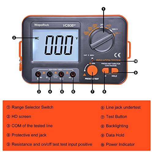Megaohm Meter 1000V, Megohmmeter Insulation Resistance Tester - color: RQ-US-T6-VC60B