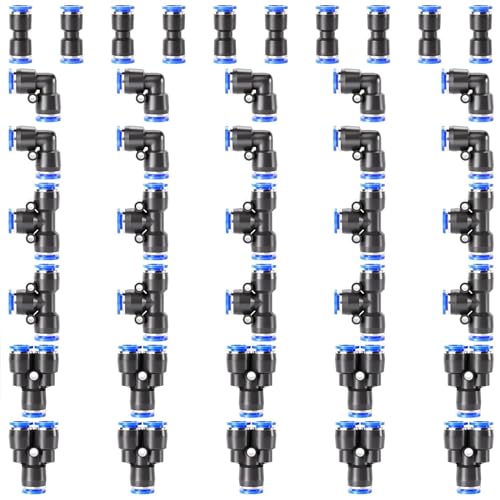 TAILONZ 6mm Push to Connect Fitting Splitters+Elbows+Tees+Straight 40Pcs - color: Blue, size: 6MM OD/40PCS