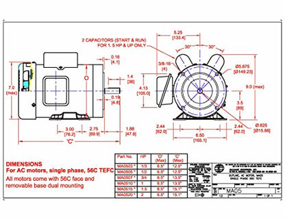 Hallmark Industries MA0515A AC Motor, 1-1/2 hp, 1725 RPM, 1PH/60 hz, 115/208-230V AC, 56C/TEFC, Cap Start&Run, with Foot, SF 1.15, Steel (Pack of 1) - size: 1.5 HP, 1725RPM, 1 phase, 115/230V