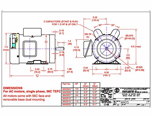 Hallmark Industries MA0515A AC Motor, 1-1/2 hp, 1725 RPM, 1PH/60 hz, 115/208-230V AC, 56C/TEFC, Cap Start&Run, with Foot, SF 1.15, Steel (Pack of 1) - size: 1.5 HP, 1725RPM, 1 phase, 115/230V