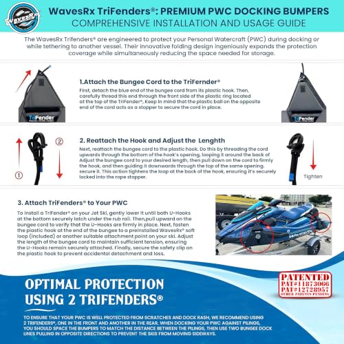 WAVESRX PWC Fender Bumper & Soft Loop Cleats for Safe and Convenient Jet Ski Docking - Patented TriFender Protects Jetski from Dock Rash & Scratches Folding Design with Adjustable Bungee - color: Orca Black