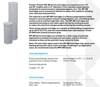 Pentair Pentek WP5BB20P Big Blue Sediment Water Filter, 20-Inch, Whole House Polypropylene String-Wound Replacement Cartridge, 20" x 4.5", 5 Micron - style: 5 Micron