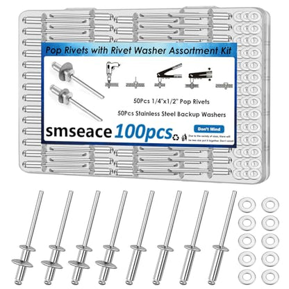 smseace 100Pcs 1/4"x1/2" Pop Rivets with Washer Assortment Kit 6.4x12.7mm Pop Rivets and 1/4" 304 Stainless Steel Backup Washers Aluminum Rivets kit for Metal/Furniture/Automotive/Instruments - size: 1/4"x1/2"
