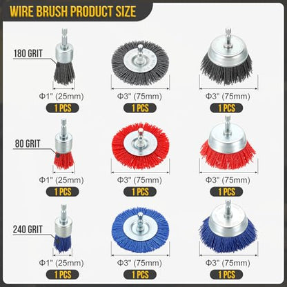 DTGN 9 Pcs Wire Wheel Cup Pen Brush Set for Drill, 1/4" Hex Shank, 1-3" - size: 1-3inch（80/180/240 Grit）