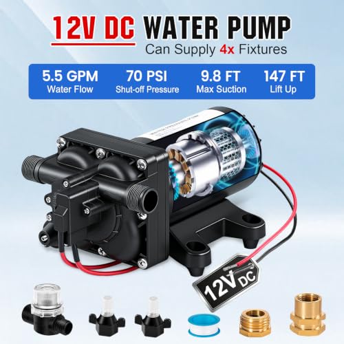 ECO-WORTHY RV Fresh Water Pump 12V DC 5.5GPM 70PSI,12 Volt Diaphragm Self-Priming Pump with Pressure Switch for RV Garden Irrigation Spraying Marine Yacht - color: Black 1