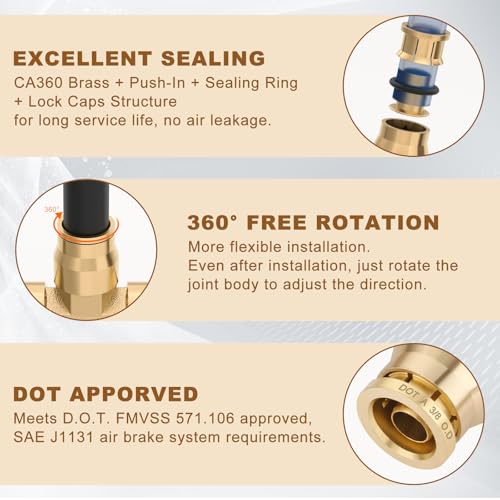 3/8" Brass Union Tee, DOT Approved 3-Way Air Line Connector 2PCS - size: 3/8" OD 2PCS, style: Tee