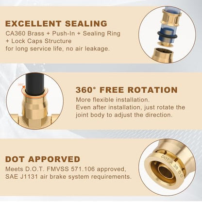 3/8" Brass Union Tee, DOT Approved 3-Way Air Line Connector 2PCS - size: 3/8" OD 2PCS, style: Tee