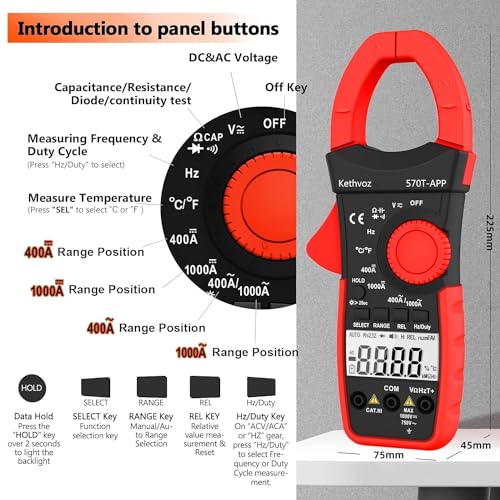 Kethvoz 570T-APP Digital Clamp Meter, 4000 Counts Bluetooth Multimeter, 1000A AC/DC Amp Voltage Tester, Measures Ohms, Capacitance, Frequency, Temperature, Diode, Continuity Test with Data Logging