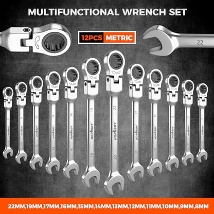 HORUSDY 12-Piece Metric Flex-Head Ratcheting Wrench Set 8-22mm, CR-V Ratchet Combination Wrenches with 72T 180° Flex Head, Magnetic Holder & Tool Bag for Auto, Motorcycle, Home & Repair - style: 12-Piece Metric Flex-Head Ratcheting - New Version