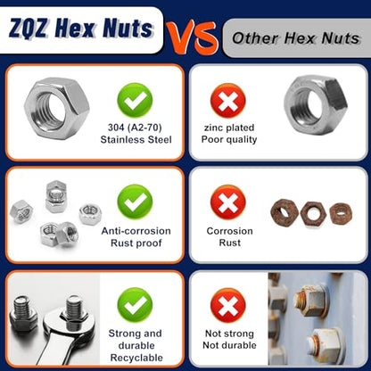 ZQZ 510 Pcs SAE & Metric Hex Nut Assortment Kit;304 Stainless Steel Nut Set - size: SAE and Metric Hex Nuts Assortment;510 PCS