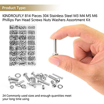 814 Pieces Phillips Pan Head Machine Screws Nuts Washers Kit, Kindroufly M3 M4 M5 M6 Screw Assortment Kit, Metric Screw Set, Bolts and Nuts, Machine Screws, 304 Stainless Steel, Fully Machine Thread - size: M3/M4/M5/M6, style: Phillips Pan Head