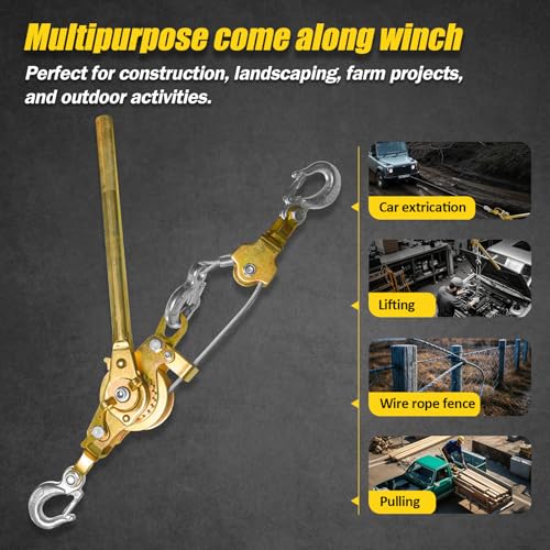 Come Along Winch Puller 3T 10FT, Cable Hoist Winch Puller with 2 Hooks, Come Along Tool Heavy Duty, Ratchet Puller for Lifting Pulling Construction Building - size: 3T-10FT