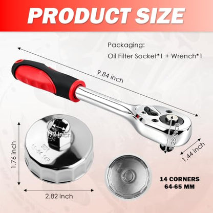 65-64mm 14 Flute Oil Filter Wrench & 10" Reversible 1/2 Ratchet Wrench
