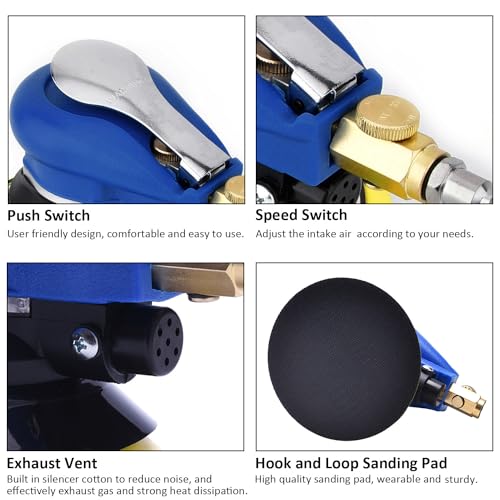Air Random Obrital Sander 5" Dual Action Palm Sander, Hook and Loop Air Powered and Swirl Free. (5" da sander) - color: Blue, size: 5 inch dual action