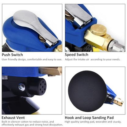 Air Random Obrital Sander 5" Dual Action Palm Sander, Hook and Loop Air Powered and Swirl Free. (5" da sander) - color: Blue, size: 5 inch dual action