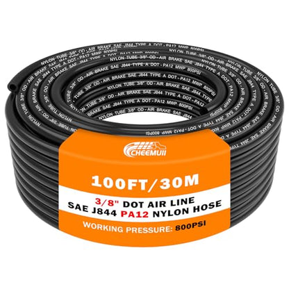 CheeMuii 100FT 3/8" DOT Air Line 3/8 Air Hose PA12 Nylon Pneumatic Tubing - color: Black, size: 3/8"OD-100FT