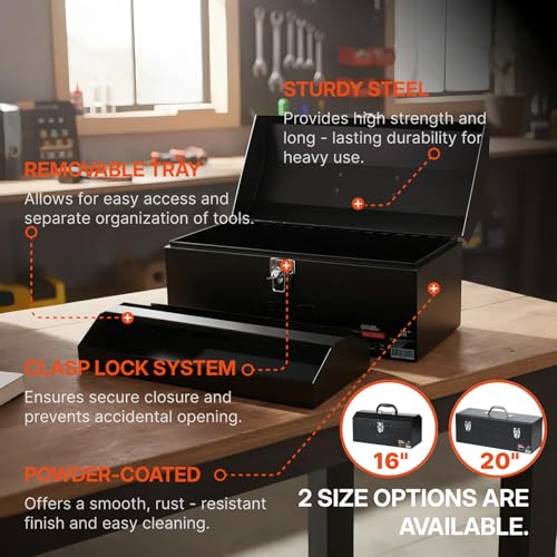 Black Canyon 20 Inch Steel Tool Box, Metal Tool Box, 0.8mm Carbon Steel, Portable & Padlockable, Sturdy & Durable toolbox, Ideal for Trailer, Mechanic, DIY-ers, Car, Workshops, Garages, Repair Shops - size: 20 IN/STL