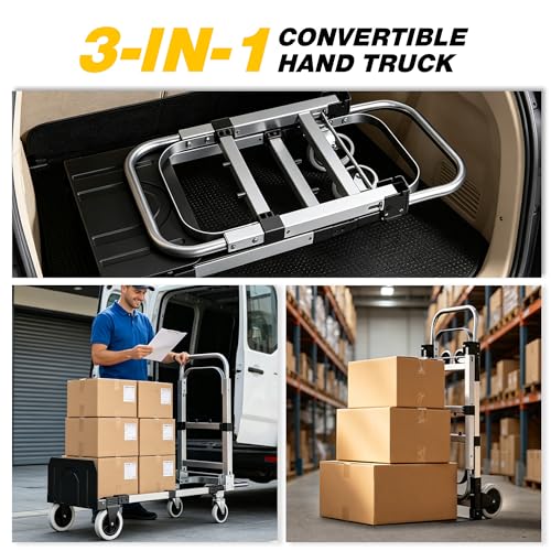 3 in 1 Convertible Hand Truck Dolly, 600Lbs Heavy Duty Folding Hand Truck Dolly Cart with Wheels, Adjustable Handle Angle & Expandable Base for Moving Home, Shopping, Office, Warehouse, Black - color: Black