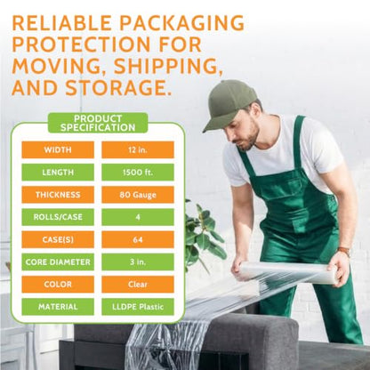 PSBM Stretch Wrap, 256 Rolls 12 Inch x 1500 Feet 80 Gauge Heavy Duty up to 800% Ultimate Stretch Clear Plastic Wrap Industrial Strength Shrink Film for Moving, Packing & Shipping - size: 256 Pack, style: 80 Gauge