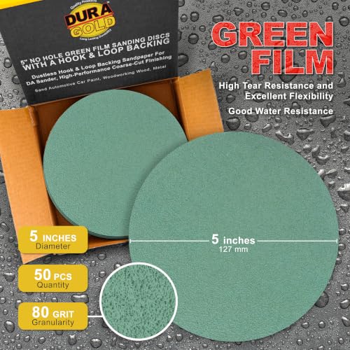 Dura-Gold 5" Green Film Sanding Discs, 80 Grit, Box of 50, Hook & Loop - size: 80-Grit